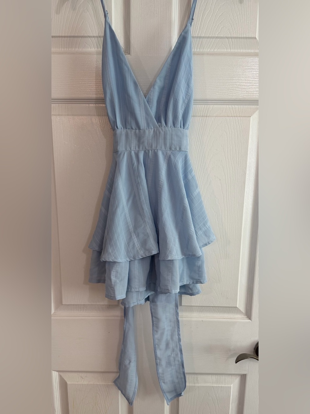 Cute Blue Stripe Romper Deep V Neck Small Sleeveless Tie Waist adj Straps